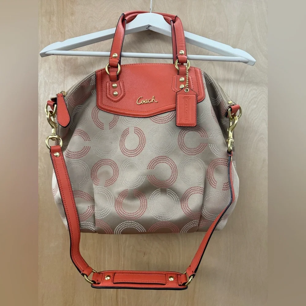 Coach Ashley Peach Khaki Dotted Op Art Signature Satchel. - Picture 10 of 16